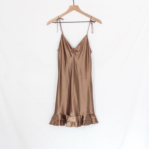 Vintage La Senza Satin Feel Slip Sleep Dress Tie Straps Frill Hem Small - Picture 1 of 6